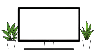 Modern computer monitor display with green potted plants on white background.