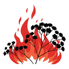Silhouette of flowering plants against a vibrant orange flame illustration