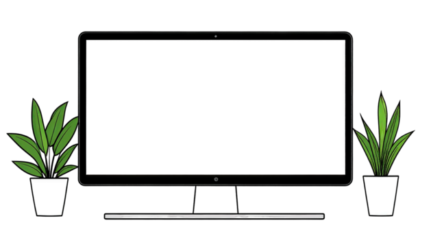 Modern computer monitor display with green potted plants on white background. - Powered by Adobe