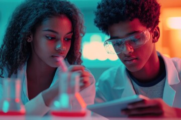 Two young diverse students conduct a science experiment in a modern lab, illuminated by vibrant red and blue lights, using a tablet and equipment.