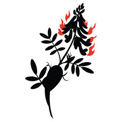 Stylized burning plant black silhouette with red flame accents illustration
