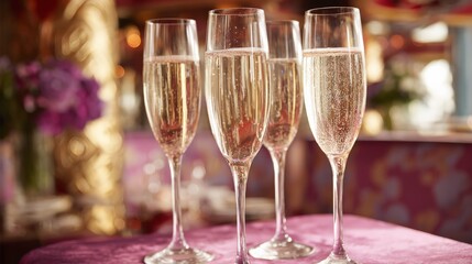 Elegant glasses of sparkling beverage set on a vibrant table