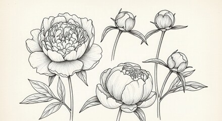 Peony flower drawing botanical illustration floral art print vintage sketch nature garden bloom blossom petals