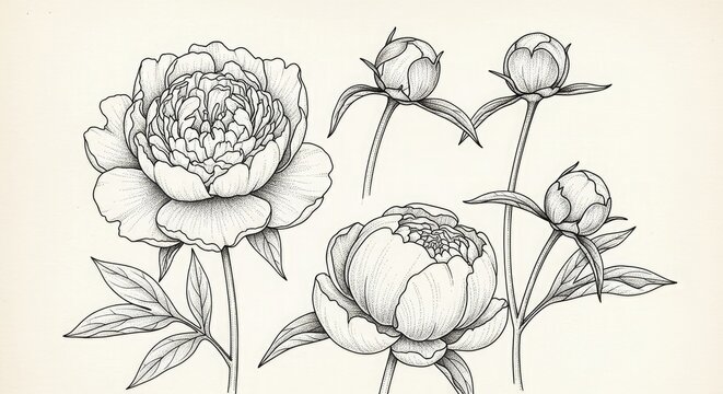 Peony flower drawing botanical illustration floral art print vintage sketch nature garden bloom blossom petals