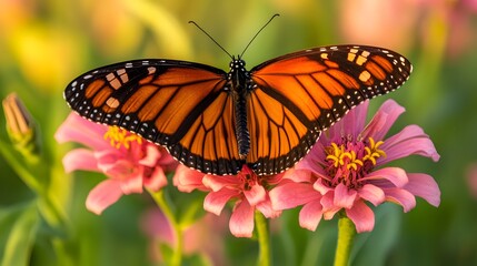 Fototapeta premium Monarch butterfly rests atop vibrant pink zinnia flower in garden landscape