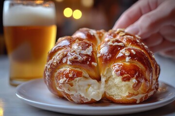 A hand tears open a delicious, glossy pretzel bun filled with creamy cheese, served alongside a refreshing glass of beer.