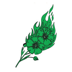 Stylized illustration of burning flowers with bright green flames and outlines