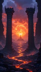Epic Dark Pillars Lava River Giant Red Sun Fantasy Landscape