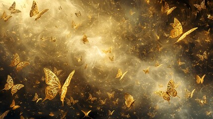 Golden Butterflies Swarm Ethereal Gold Light Fantasy Background