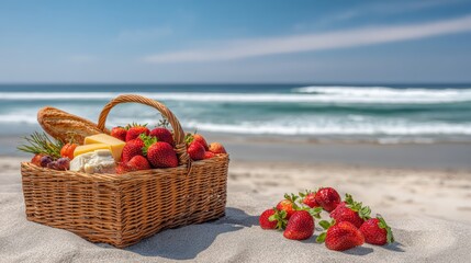 Bountiful picnic basket with fresh strawberries and cheese at a scenic beach