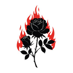 Two black roses surrounded by flames illustration on white background