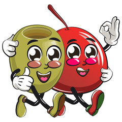 Naklejka premium cute green olive mascot cartoon character isolated vector illustration walking with cherry character, work of hand drawn