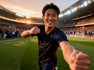 Excited soccer player celebrating victory on the field