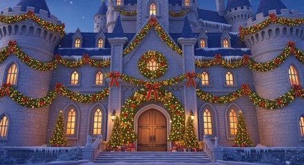 Obraz premium Enchanting Christmas castle with festive decorations evoking holiday magic and joyous winter celebrations