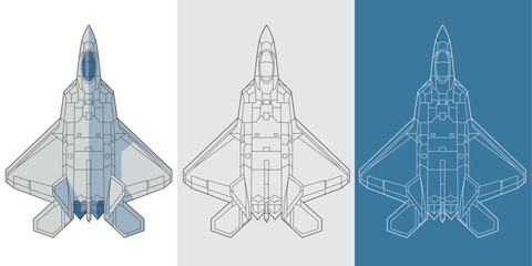Set f 22 raptor military aircraft design in blueprint, lineart and colored style from top view. Vector illustrations colorful fighter jet. United states fifth generation warplane.