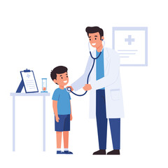 Obraz premium Doctor Examines Happy Child in Clinic, Healthcare Scene, Illustrative Style, Bright Environment