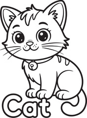 Obraz premium Cute cartoon cat with bell and the word Cat on white background Keywords: cat, kitten, feline, pet