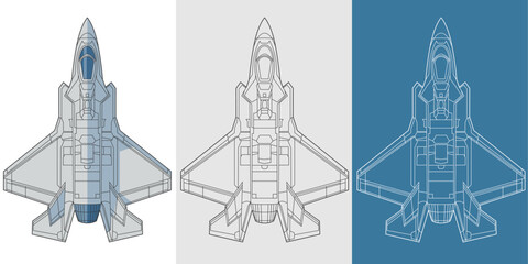 Set f 35 military aircraft design in blueprint, lineart and colored style from top view. Vector illustrations colorful fighter jet. United states fifth generation warplane.