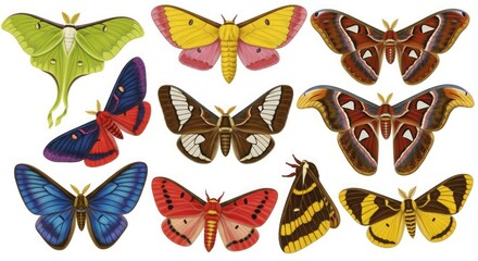 Collection of colorful moths insects butterflies entomology nature illustration lepidoptera diverse species