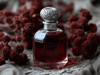 Perfume bottle surrounded by red flowers and soft light, symbolizing Venus and Taurus zodiac connection — sensuality, beauty, and earthly pleasure.
