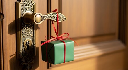 Christmas gift tied to ornate door handle with red ribbon