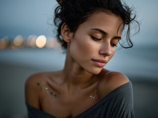 Close-up portrait of a young woman with light brown hair tied back, wearing a  top, a delicate necklace, and a small star tattoo on her shoulder.