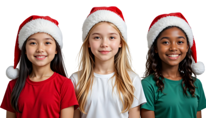 Diverse Children Christmas PNG – Transparent Background Three Smiling Kids in Red, White & Green Shirts with Santa Hats