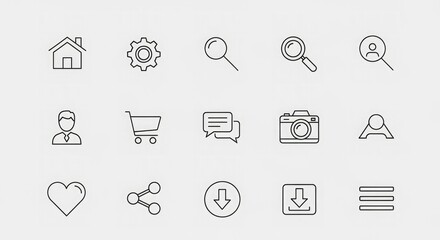 Vector icons set home settings search user shopping cart chat camera heart share download menu ui ux