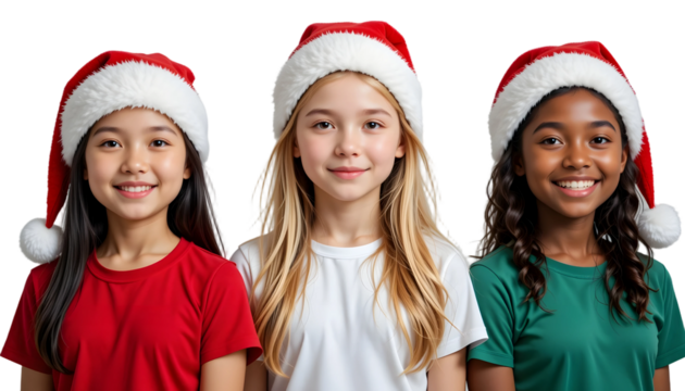 Diverse Children Christmas PNG – Transparent Background Three Smiling Kids in Red, White & Green Shirts with Santa Hats
