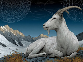 White mountain goat resting on snowy peaks under a starry sky, symbolizing the Capricorn zodiac sign, endurance, wisdom, and stability in cosmic balance.
