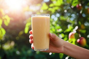 A hand holds a tall glass of vibrant peach-colored smoothie outdoors. Sunny green foliage and blurred ripe fruits create a fresh summer scene.