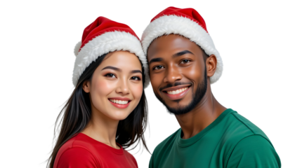 Christmas Friends Duo PNG – Transparent Background Two Smiling People in Red & Green Shirts with Santa Hats