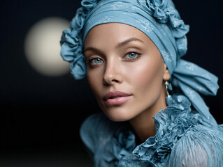 AI-generated portrait of a woman in blue headscarf with calm expression, representing Aquarius zodiac symbolism, intellect, and serene energy.
