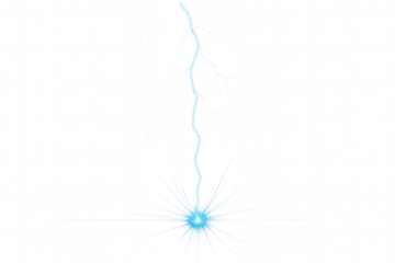 Blue lightning bolt striking with bright electrical discharge effect on transparent background