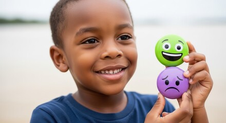 Black Boy Smiling with Happy and Sad Emojis at Child Psychologist Session: World Mental Health Day Concept