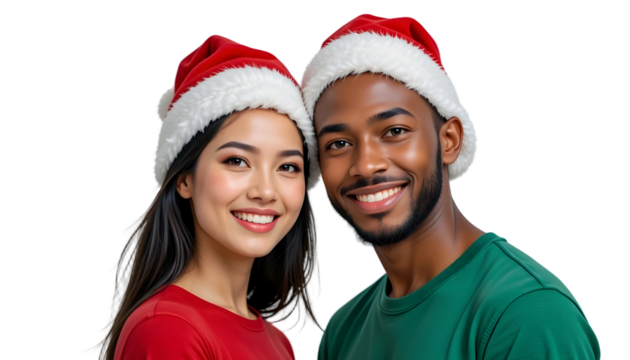 Christmas Friends Duo PNG – Transparent Background Two Smiling People in Red & Green Shirts with Santa Hats