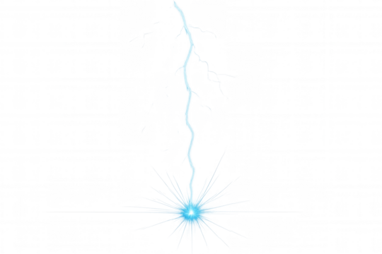 Blue lightning bolt striking with bright electrical discharge effect on transparent background