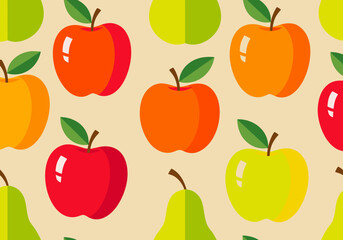 Vibrant and colorful seamless pattern featuring fresh, ripe apples and pears in a flat design style, perfect for healthy food branding, textile prints, and digital backgrounds
