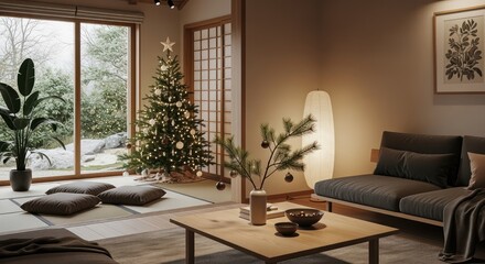 Fototapeta premium Stylish Christmas tree shines in serene neutral home interior, cozy and inviting for holiday gatherings and winter celebrations