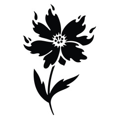 Black flower illustration with flames like petals on white background