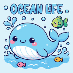 Cute ocean life cartoon illustration with whale fish and bubbles vector graphic design for kids room decor