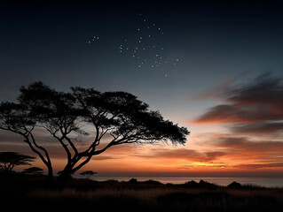 AI-generated digital landscape of a lonely acacia tree under a starry twilight sky, symbolizing solitude and connection with nature in poetic minimalism.
