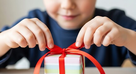 Child carefully ties a red ribbon on a gift box