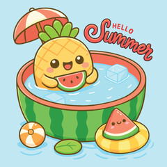 Cute summer fruit cartoon illustration of pineapple and watermelon enjoying a swimming pool party