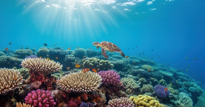 Sea turtle gracefully swims over a vibrant coral reef with sunbeams shining through the clear blue ocean water.