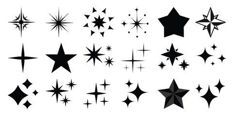 Collection of Black Star and Sparkle Icons on White Background