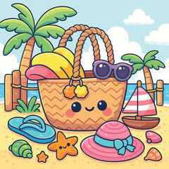 Cute beach day illustration with kawaii beach bag palm trees and summer accessories cartoon vector design