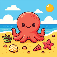 Cute cartoon octopus illustration with sea and beach scene for kids and children's design projects