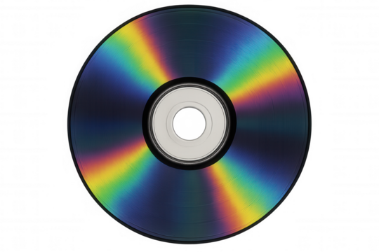 Iridescent cd or dvd disc reflecting rainbow colors, storing data and music, symbolizing technology and nostalgia