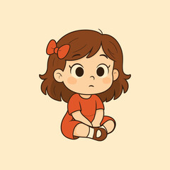 Cartoon girl illustration in red dress sitting with a bow for kids and children content design